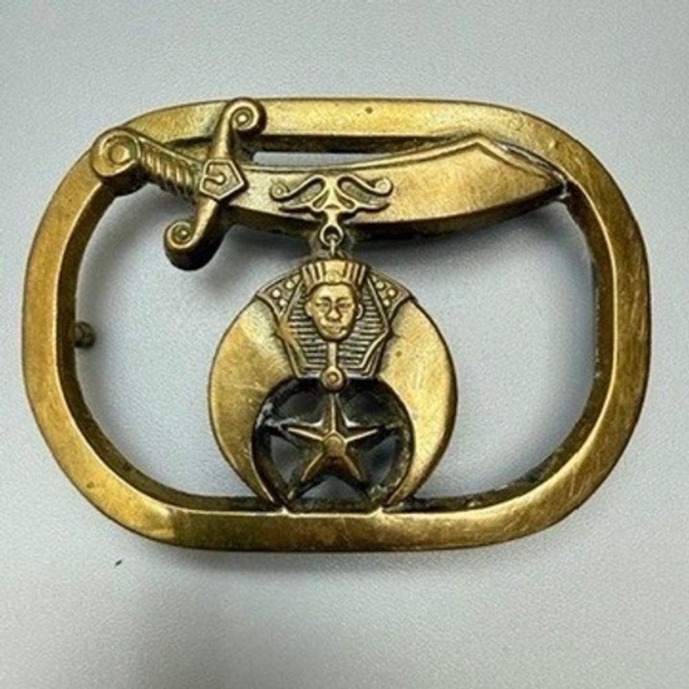 Vintage 1980 Solid Brass Shriners Belt Buckle Scimitar Crescent Sphinx‎ Star
